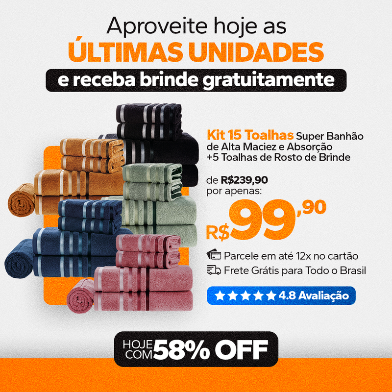 Kit 15 Toalhas Super Banhão de Alta Maciez e Absorção +5 Toalhas de Rosto de BRINDE (PROMOÇÃO DE NATAL)