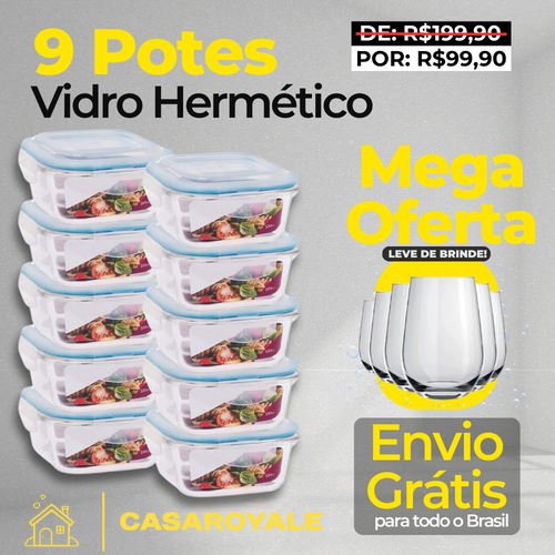 Kit com 9 Potes Herméticos de Vidro (3x 375ml. 3x 475ml. 3x 575ml.) + 6 Copos de Vidro - Promoção 2024